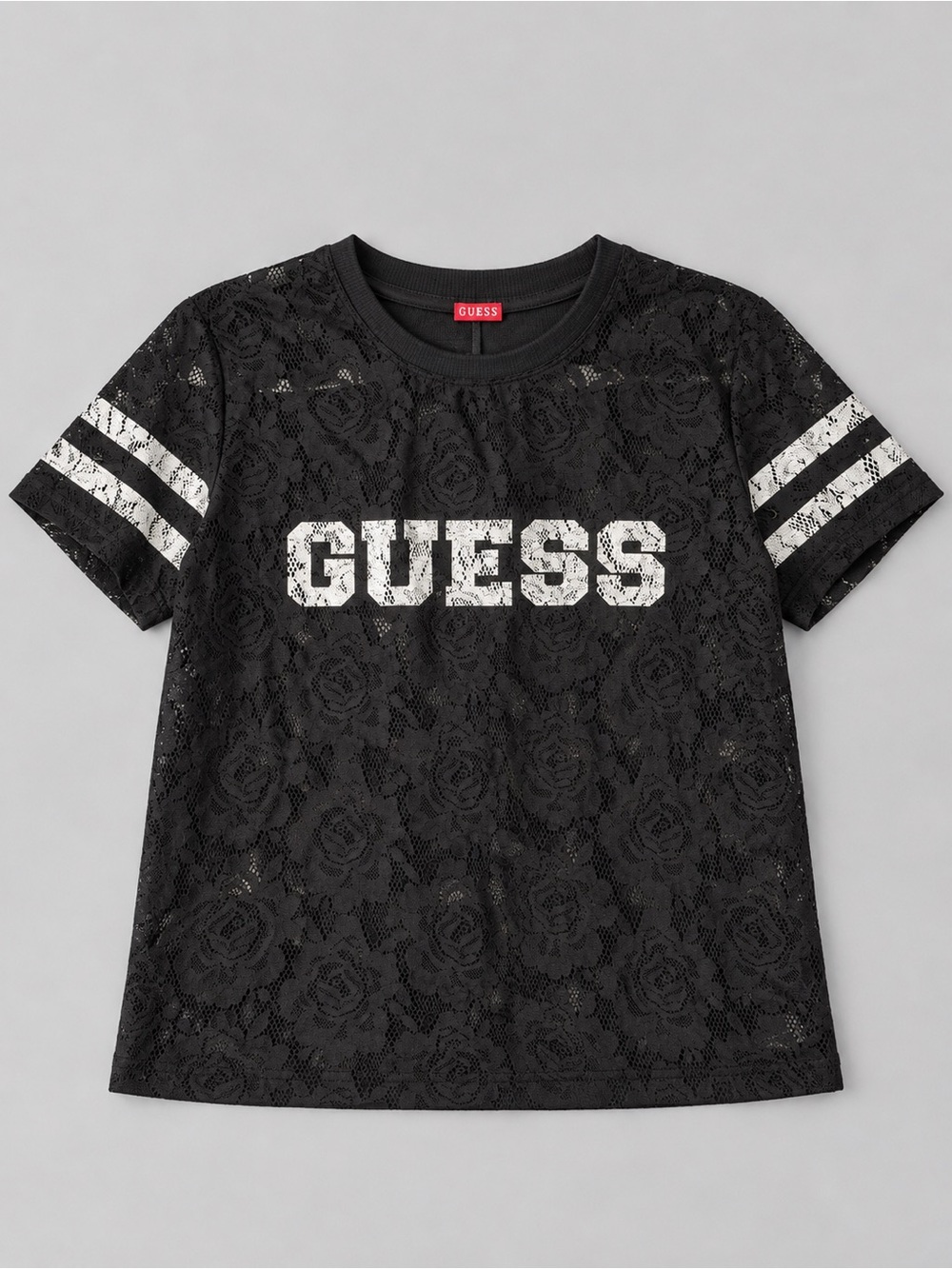 GUESS Black Floral Lace Logo Top Athletic Varsity Stripe Short Sleeve